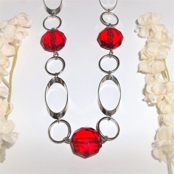 Long Beaded Necklace Red & Silver Geometrical Costume Jewelry Chain Modern A244 - Picture 1 of 6
